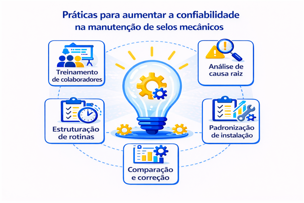 infográfico com boas práticas para aumentar a confiabilidade na manutenção de selo mecânico, incluindo condições da aplicação, análise da causa raiz, histórico de intervenções e falhas, procedimentos padronizados, treinamento de colaboradores e monitoramento periódico.