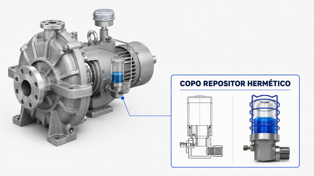 Copo repositor de óleo hermético aplicado em bomba industrial, atuando como reservatório externo conectado ao mancal para manutenção do nível de lubrificante.