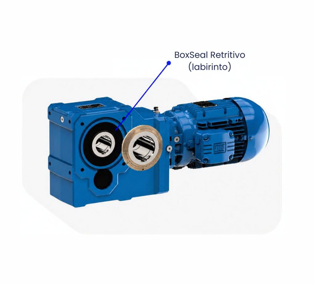 Esquema indicando a aplicação do protetor de mancal BoxSeal Restritivo Malavazi com vedação em labirinto em um motoredutor industrial azul.